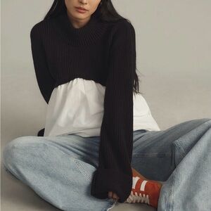 Maeve Mock Neck Babydoll Twofer Black and White Women's Sweater